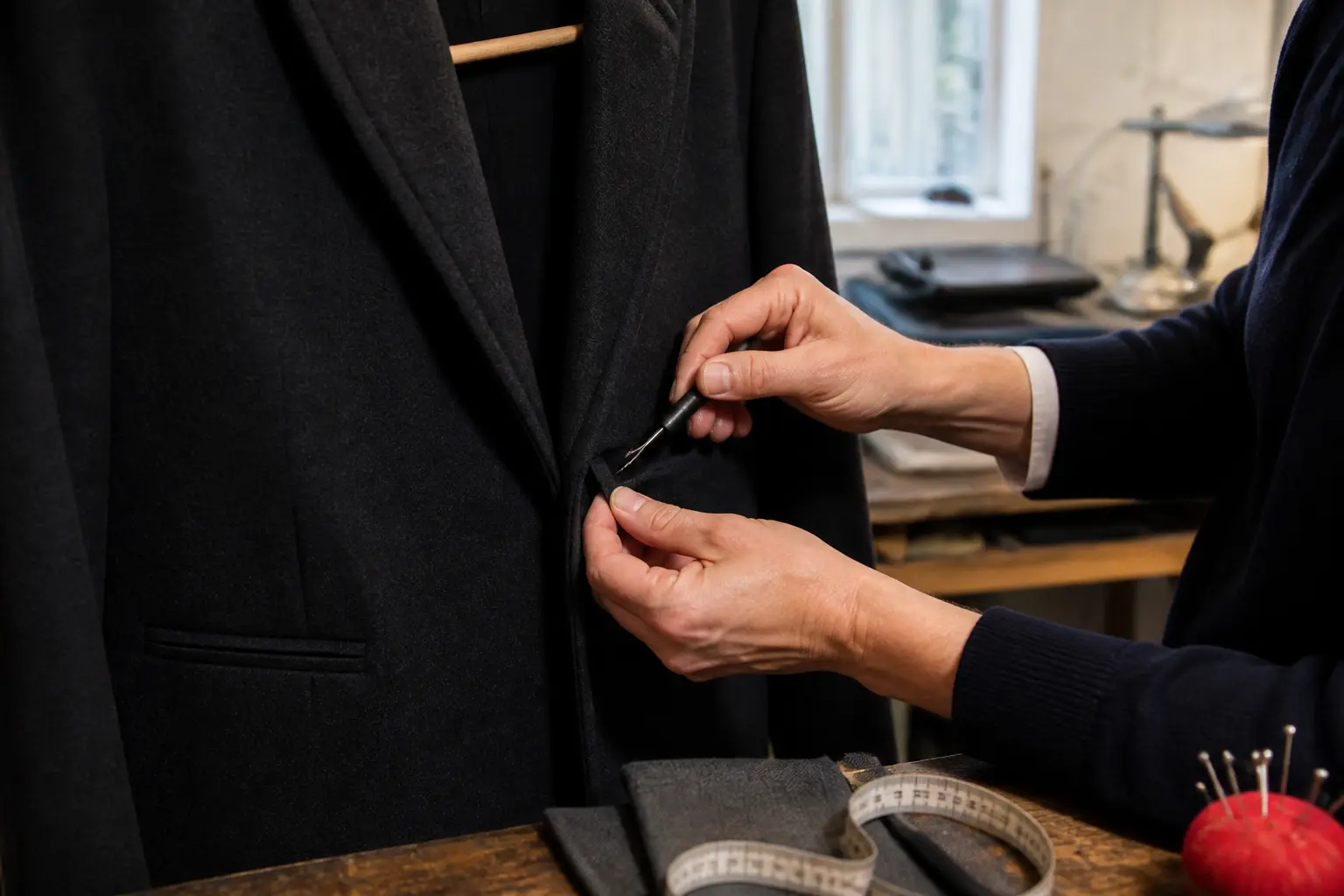 Dans un atelier parisien, un tailleur ouvre la poche d’un manteau, pour faut il découdre les poches des manteaux.