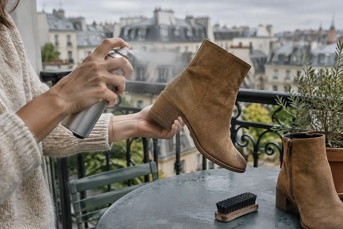 Bottine en daim traitée au spray imperméabilisant sur un balcon, en plein air